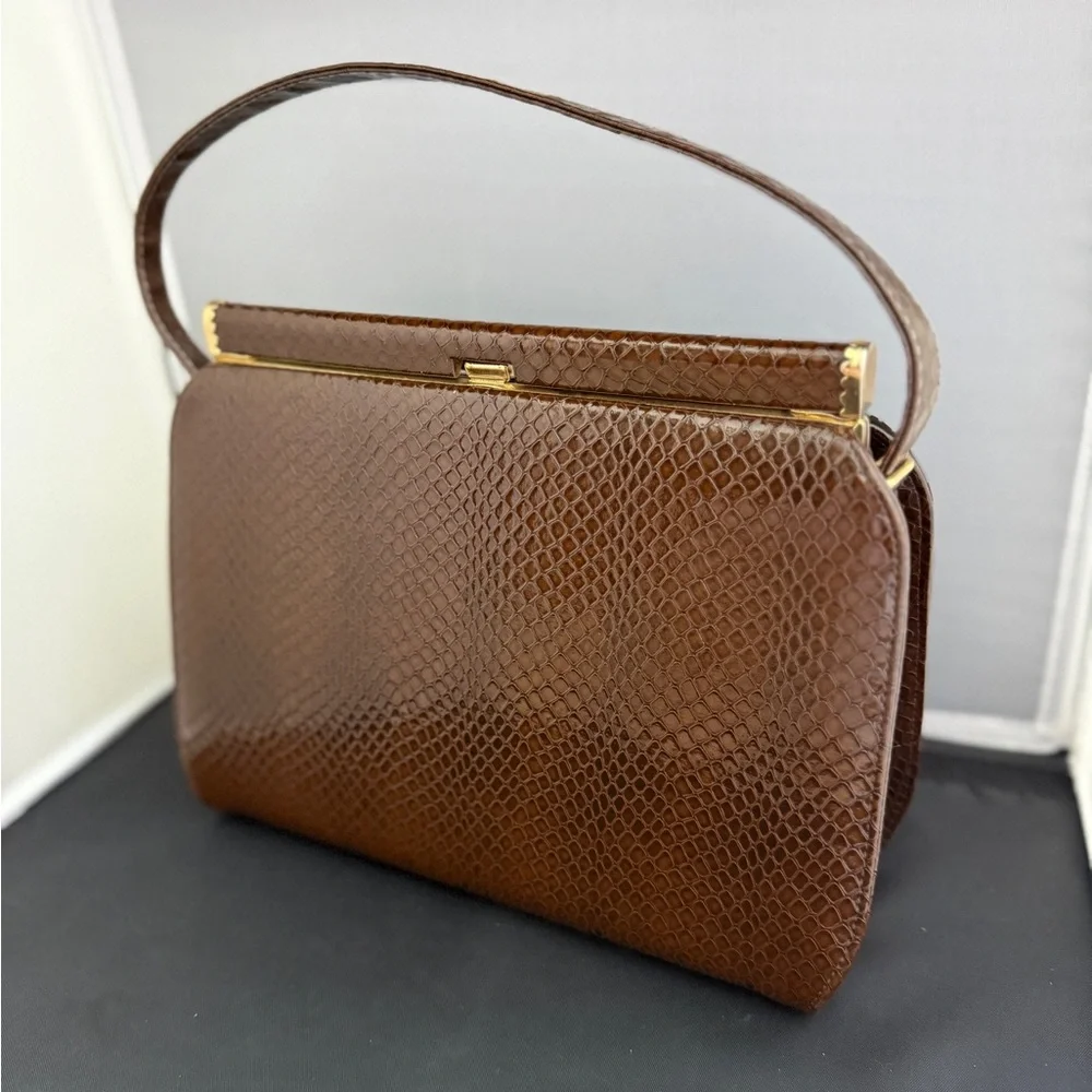 Vintage 1960s Life Stride Brown Snakeskin Embossed Top Handle Bag MCM Structured